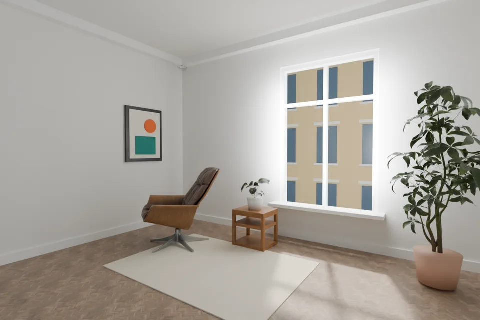 Bright old-building living room with herringbone parquet and a tall window